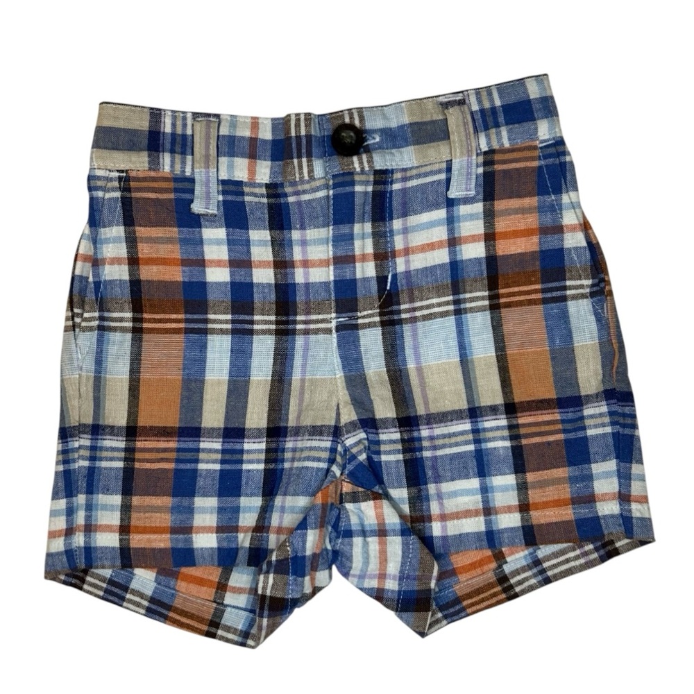 NWOT Janie and Jack Plaid Baby Boy Shorts - Blue, Orange, Tan Size 3-6 Months
